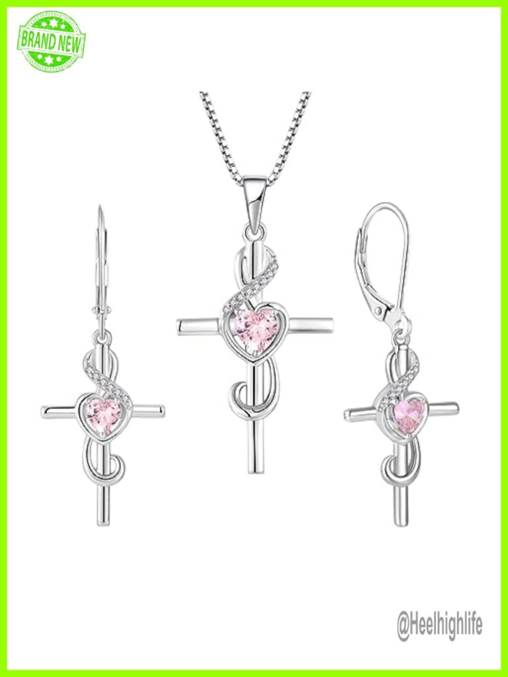 925 Sterling Silver Cross Necklace Earrings Set Pink Tourmaline Music
